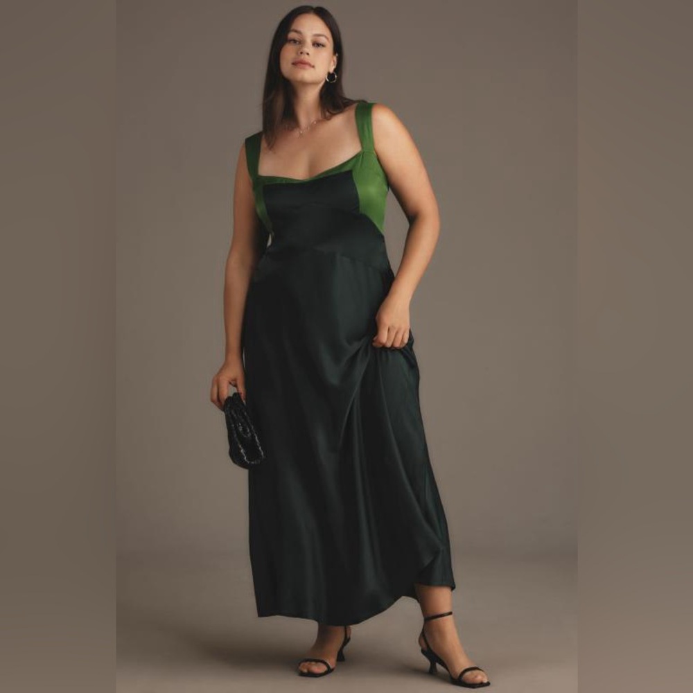 Anthropologie Green and Dark Green Satin Midi Dress